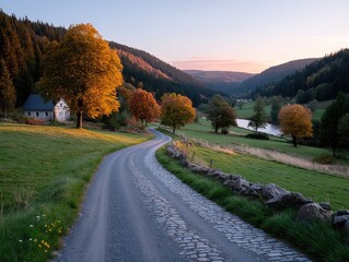 Scenic Rural Road Winding Through Lush Green Valley With Autumnal Trees and a Stone Wall at Sunset