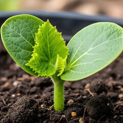 ​A vibrant green seedling emerges from rich, dark soil, showing its cotyledon and first true leaves, symbolizing new life and growth