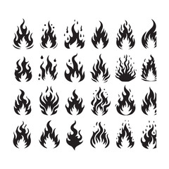 Collection of Diverse Black Fire Flame Icons and Symbols on White Background Keywords: fire, flame, icon, symbol, heat, energy, power, danger, burn, blaze, inferno, bonfire, campfire, torch