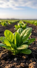A vibrant row of young spinach plants glistens with dew in a sunny field, ready for harvest