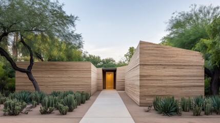 Obraz premium A captivating architectural design, a modern wooden building, showcasing clean lines, a neutral palette, and seamlessly blending with the surrounding nature.