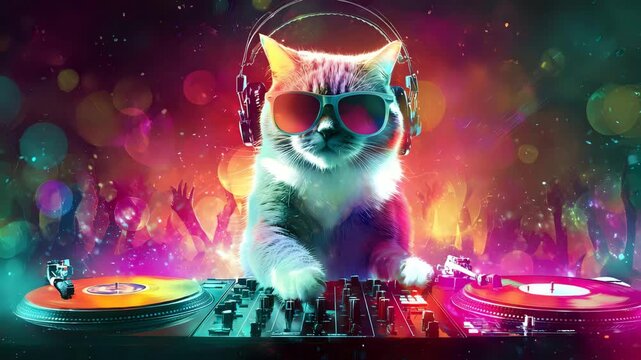 Disco DJ cat wearing sunglasses, standing behind colorful turntables with vibrant lights and glitter ball reflections, dancing crowd vibe