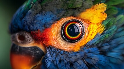 Close up of a colorful parrot's face showing vibrant feathers and a detailed eye with reflection