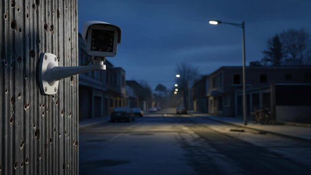 Security camera surveillance on building, city street at night with street lights, provides safety and peace of mind with security technology.