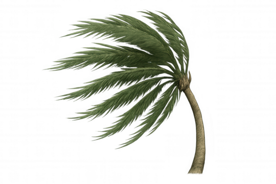 Palm tree bending, branches blowing in wind, resisting elements of a tropical storm or hurricane, transparent background