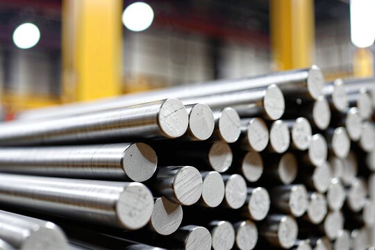 Portrait of a stack of titanium rods in an industrial metal factory background with copy space