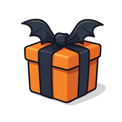 Orange Halloween Gift Box with Black Bat Wings Bow Vector Illustration
