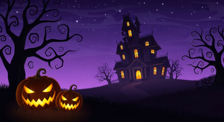 Spooky haunted house with glowing jackolanterns under a starry purple night sky, perfect for halloween