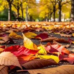 ​A close-up of fallen autumn leaves in vibrant reds, oranges, and yellows scattered on an asphalt path, with a tree-lined avenue receding into the sunlit background