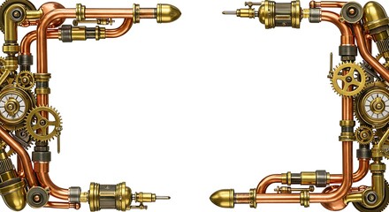 Steampunk border design with gears, copper pipes, and brass elements creating a unique vintage industrial aesthetic, perfect for creative projects