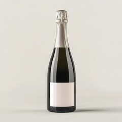 Mockup of dark champagne bottle with blank label on minimal white background.