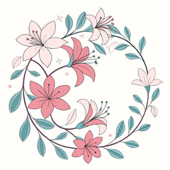 Obraz premium Delicate floral wreath with pink lilies and teal leaves, perfect for invitations or feminine designs, conveying a sense of natural beauty and elegance
