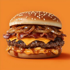Photo of a juicy double cheeseburger with bacon and melted cheese on a table
