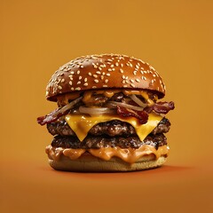 Photo of a juicy double cheeseburger with bacon and melted cheese on a table
