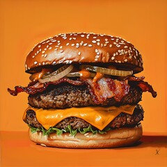 Photo of a juicy double cheeseburger with bacon and melted cheese on a table