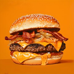 Photo of a juicy double cheeseburger with bacon and melted cheese on a table