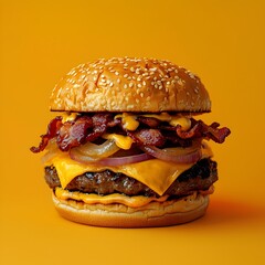 Photo of a juicy double cheeseburger with bacon and melted cheese on a table