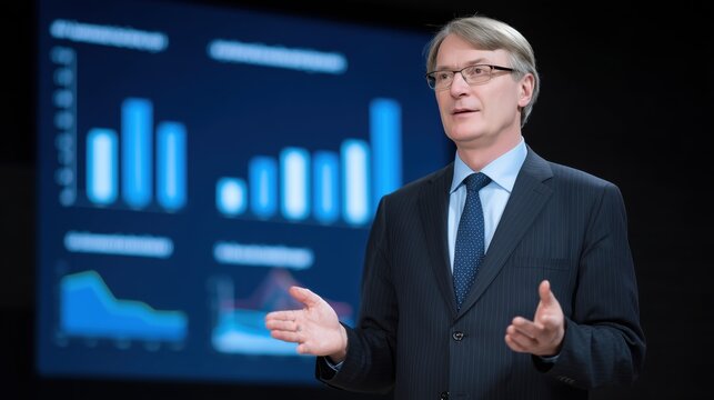 A professional presenter commands the stage, delivering a compelling speech before an analytical presentation of data and projections.&#x20;

