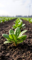 A vibrant row of young spinach plants thrives in rich, dark soil under a bright sky, promising a fresh harvest