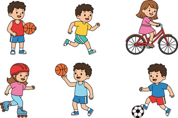 Cartoon kids playing sports, basketball, soccer, running, cycling, roller skating, active children illustration, fitness activity, outdoor games, happy childhood fun