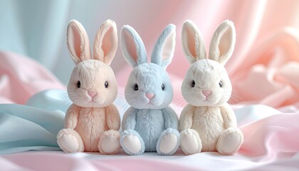 Obraz premium Three Plush Bunnies with Soft Pastel Fur Seated on Silky Fabric Draped in Soft Studio Lighting