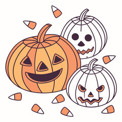 Spooky jack o lanterns and candy corn create a festive Halloween scene perfect for holiday decorations and celebrations