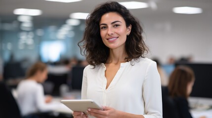 Obraz premium A confident and elegant businesswoman stands prominently in a modern office environment, she is holding a tablet, exudes professionalism and sophistication.