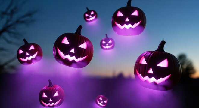 Glowing jacko'lanterns float mysteriously against a twilight sky for halloween night