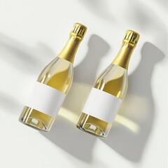 Two elegant mini champagne bottles with blank labels on neutral background.