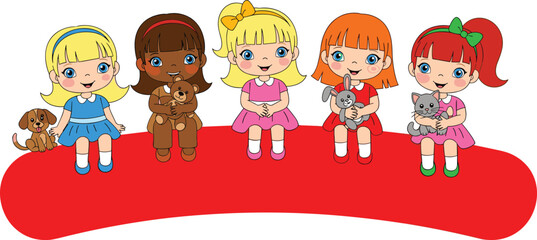 Cute cartoon girls sitting together, holding pets and toys, happy children friendship illustration, diverse kids, colorful dresses, smiling faces, childhood fun