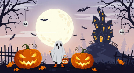 Fototapeta premium Halloween scene with pumpkins, a ghost child, haunted house, bats, and skulls under a full moon