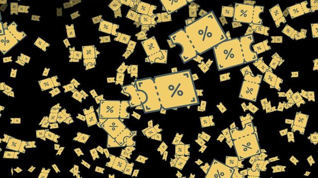 Floating discount coupons with percentage symbols on a black background.