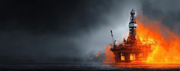Fototapeta premium Fire on oil platform in open sea concept. Oil rig engulfed in flames amidst dark smoke and chaos.