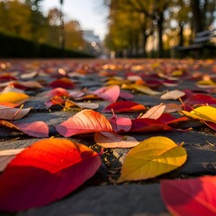 Vibrant red and yellow autumn leaves scattered across a cobblestone path, bathed in warm sunlight. The low angle captures the beauty of fall in a park setting