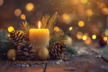 Christmas candle with ornaments and glowing string lights
