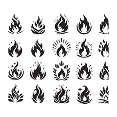 Diverse Set of Twenty Stylized Black Fire Icons with Unique Designs and Elements on a White Background