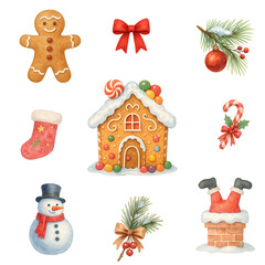 Fototapeta premium Seamless Christmas pattern with gingerbread man, candy cane, ginger house, snowman, Santa in chimney, stocking, red bow, pine branch and festive ornaments, cute winter holiday background design