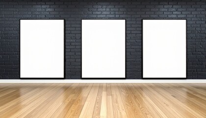 Elegant Triptych Mockup: Three Blank Vertical Frames on a Black Brick Wall Above a Polished Wooden Floor.