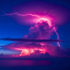 Vibrant pink and purple lightning strikes across an ominous, neon-lit cumulonimbus cloud against a deep twilight blue sky