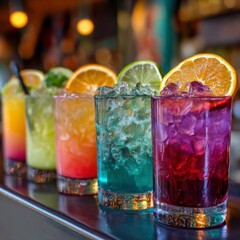 A variety of colorful cocktails in tall glasses on a bar counter, refreshing mixed drinks with fruit garnish, vibrant summer party beverages