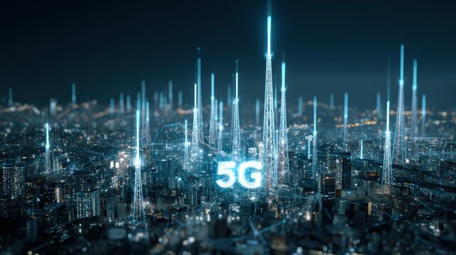 5G network technology, futuristic glowing city connected with holographic data streams and wireless towers, digital progress concept. - Powered by Adobe