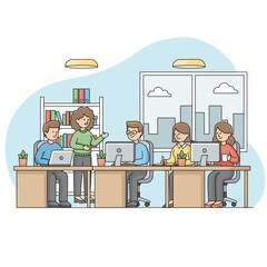 Group of diverse office workers having a business meeting in a modern conference room, discussing strategy and teamwork, a professional vector illustration for corporate environment and collaboration.