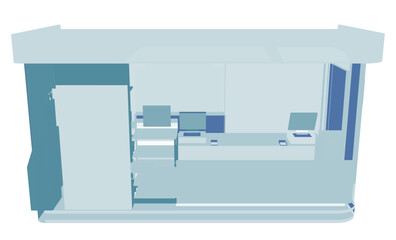 An animated convenience store reception area features a central desk with computer and surrounding chairs. Bright lighting illuminates the clean silhouette of the customer service stand.