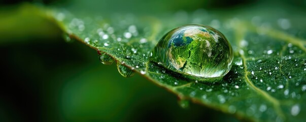 Water drop holding earth for global care concept. A close-up view of a water droplet reflecting nature on a leaf.