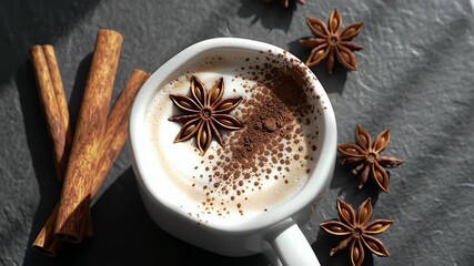 Top Down Macro View of Spiced Latte in White Cup with Star Anise Chocolate Powder and Cinnamon Sticks on Dark Gray Background in Warm Natural Sunlight Suitable for Holiday Themes - Powered by Adobe