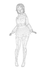 A girl in a wireframe dress and tights stands against a white background, composed of intricate lines and shapes.