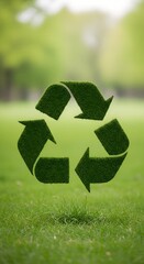 A recycle symbol made of vibrant green grass floats above a lush lawn with a blurred green forest background, symbolizing eco-friendliness and sustainability