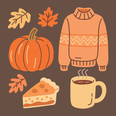 Cartoon Illustration of Autumn Holiday Theme with Pumpkin and Pie