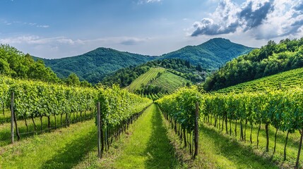 Fototapeta premium vineyard. Serene vineyard landscape with orderly grapevine rows under natural sunlight, evoking tranquility and growth. travel magazines.