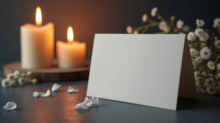 Warm candlelight illuminates a blank invitation card with delicate flowers, perfect for wedding announcements or heartfelt messages of sympathy